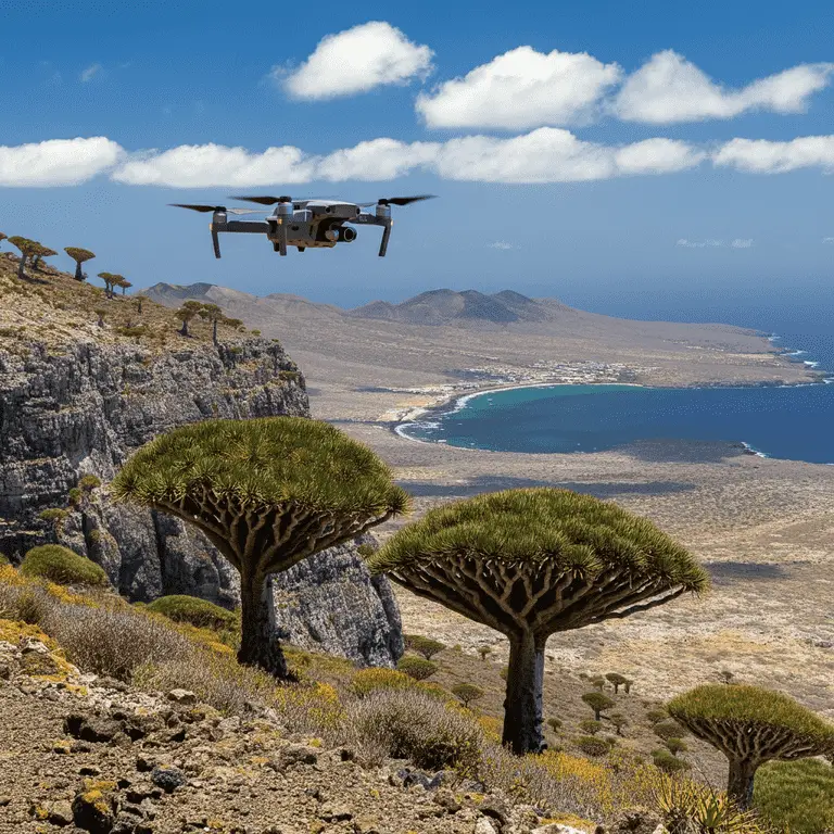 Drone flying over the Socotra coast and dragon blood trees